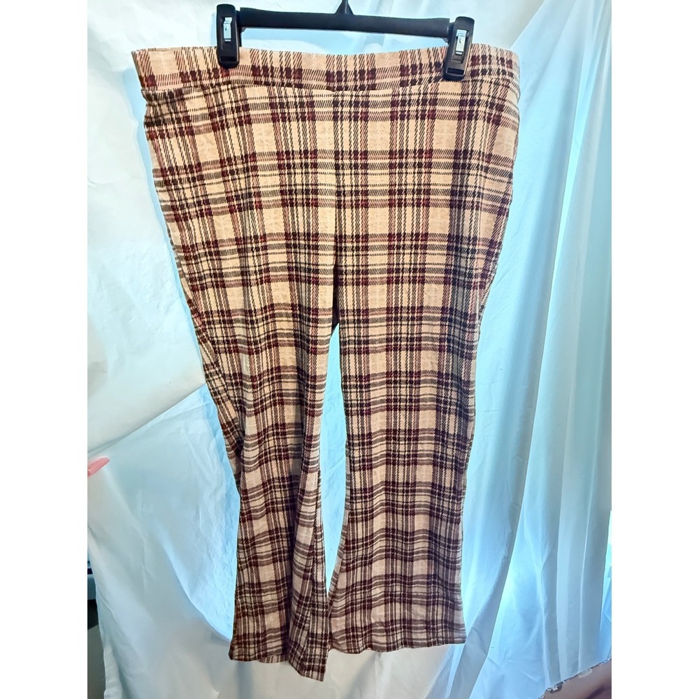 Forever 21 Plus Plaid‎ Flare Pants Tan Black Red Wide Leg Knit Trousers 3X